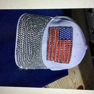 White Rhinestone America Hat with American Flag
